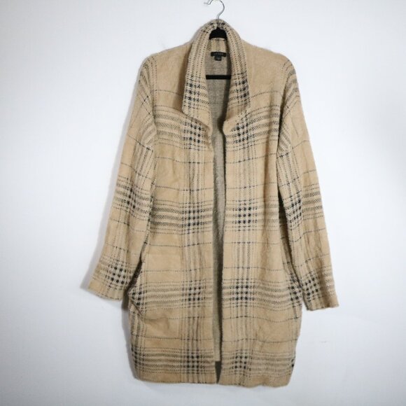 J Jill Wearever Longline Plaid Cardigan Sweater Medium Beige Soft Cozy Neutral - Picture 1 of 7